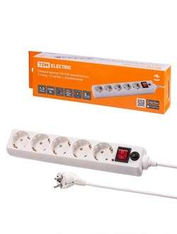 TDM Сетевой фильтр СФ-05В выключатель, 5 гнезд, 1,5 метра, с/з, ПВС 3х0,75мм2 10А/250В белый SQ1304-0016 - фото 118381