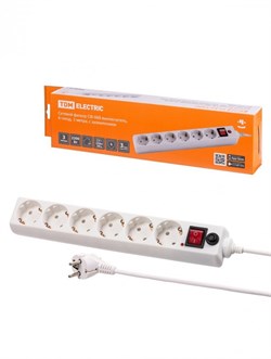 TDM Сетевой фильтр СФ-06В выключатель, 6 гнезд, 3 метра, с/з, ПВС 3х0,75мм2 10А/250В белый SQ1304-0020 - фото 118388