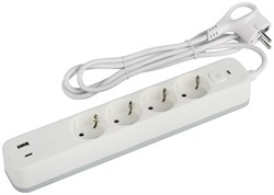 ЭРА Сетевой фильтр USF-4es-3m-2xUSBAC-W с базовой защитой с заземлением с выключателем 4 розетки+2xUSBA+C 3,1A 3м 10А Б0059573 - фото 118414