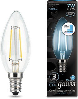 Лампа Gauss LED Filament Candle E14 7W 4100К step dimmable 1/10/50 - фото 33841