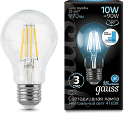 Лампа Gauss LED Filament A60 E27 10W 4100К step dimmable 1/10/40 - фото 33843
