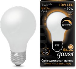 Лампа Gauss LED Filament A60 OPAL dimmable E27 10W 2700К 1/10/40 - фото 33850
