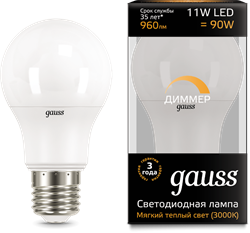 Лампа Gauss LED A60-dim E27 11W 3000К диммируемая 1/10/50 - фото 33857