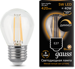 Лампа Gauss LED Filament Globe dimmable E27 5W 2700K 1/10/50 - фото 33859