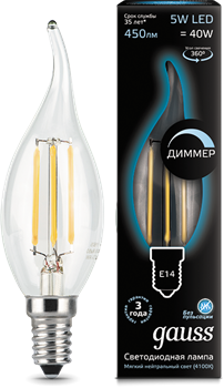 Лампа Gauss LED Filament Candle tailed dimmable E14 5W 4100K 1/10/50 - фото 33860