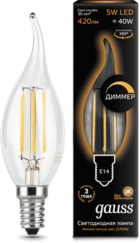 Лампа Gauss LED Filament Candle tailed dimmable E14 5W 2700K 1/10/50 - фото 33862