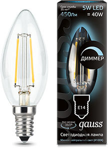 Лампа Gauss LED Filament Candle dimmable E14 5W 4100К 1/10/50 - фото 33863
