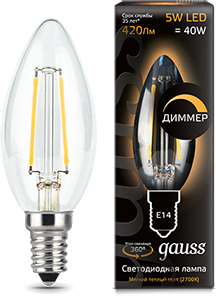 Лампа Gauss LED Filament Candle dimmable E14 5W 2700К 1/10/50 - фото 33864