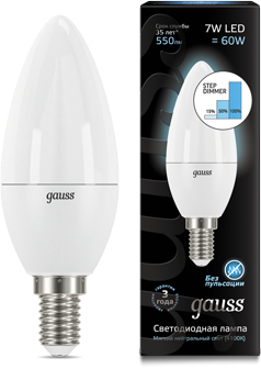 Лампа Gauss LED Candle E14 7W 4100К step dimmable 1/10/100 - фото 33867
