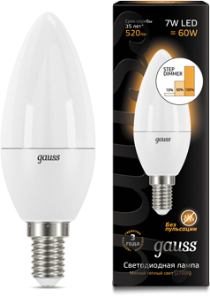 Лампа Gauss LED Candle E14 7W 3000К step dimmable 1/10/100 - фото 33868