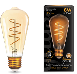 Лампа Gauss LED Filament ST64 Flexible E27 6W Golden 2400К 1/10/40 - фото 33885