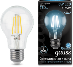 Лампа Gauss LED Filament A60 E27 8W 4100К 1/10/40 - фото 33900