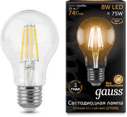 Лампа Gauss LED Filament A60 E27 8W 2700К 1/10/40 - фото 33901