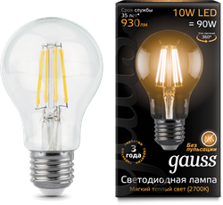Лампа Gauss LED Filament A60 E27 10W 2700К 1/10/40 - фото 33903