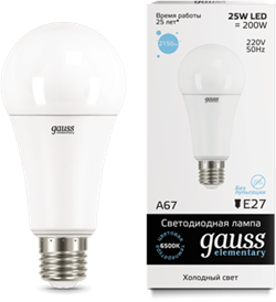 Лампа Gauss LED Elementary A67 25W E27 6500K 1/10/50 - фото 33906