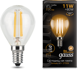 Лампа Gauss LED Filament Шар E14 11W 720lm 2700K 1/10/50 - фото 34081