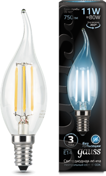 Лампа Gauss LED Filament Свеча на ветру E14 11W 750lm 4100K 1/10/50 - фото 34082