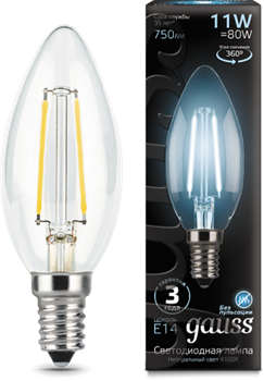 Лампа Gauss LED Filament Свеча E14 11W 750lm 4100К 1/10/50 - фото 34084