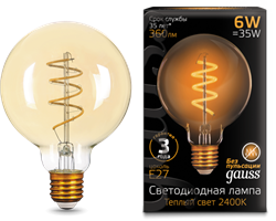 Лампа Gauss LED Filament G95 Flexible E27 6W Golden 2400К 1/20 - фото 34088