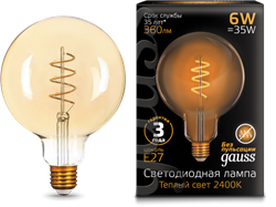 Лампа Gauss LED Filament G120 Flexible E27 6W Golden 2400К 1/20 - фото 34090