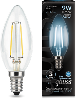 Лампа Gauss LED Filament Candle E14 9W 4100К 1/10/50 - фото 34101