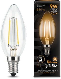 Лампа Gauss LED Filament Candle E14 9W 2700К 1/10/50 - фото 34102