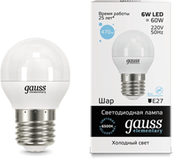 Лампа Gauss LED Elementary Globe 6W E27 6500K 1/10/100 - фото 34116