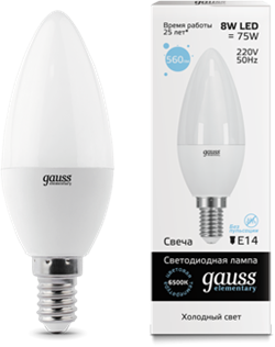 Лампа Gauss LED Elementary Candle 8W E14 6500K 1/10/100 - фото 34117