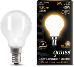 Лампа Gauss LED Filament Globe OPAL E14 5W 2700K 1/10/50 - фото 34126