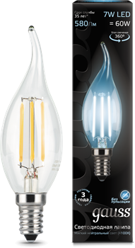 Лампа Gauss LED Filament Candle tailed E14 7W 4100К 1/10/50 - фото 34127