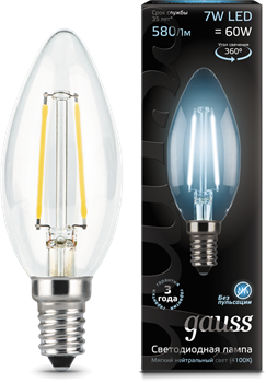 Лампа Gauss LED Filament Candle E14 7W 4100К 1/10/50 - фото 34131