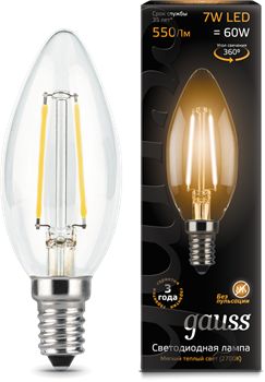 Лампа Gauss LED Filament Candle E14 7W 2700К 1/10/50 - фото 34132