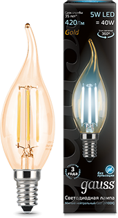 Лампа Gauss LED Filament Candle tailed E14 5W 4100K Golden 1/10/50 - фото 34135