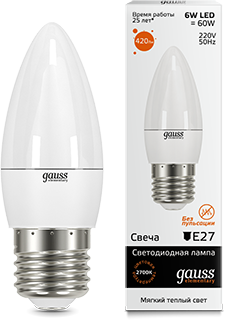 Лампа Gauss LED Elementary Candle 6W E27 3000K 1/10/50 - фото 34140