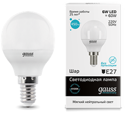 Лампа Gauss LED Elementary Globe 6W E14 4100K 1/10/50 - фото 34141