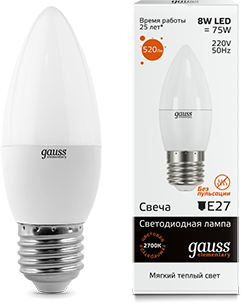 Лампа Gauss LED Elementary Candle 8W E27 3000K 1/10/100 - фото 34153