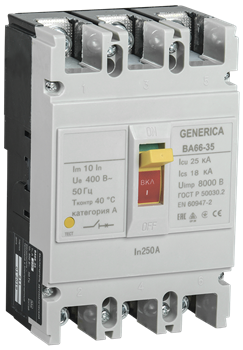 Автоматический выключатель IEK ВА66-35 GENERICA 3П 250А SAV30-3-0250-G, 25кА - фото 63040
