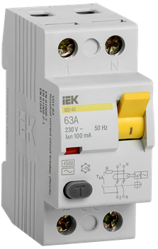 Выключатель дифференциального тока IEK ВД1-63 2п 63А 100мА MDV10-2-063-100, тип AC - фото 67061
