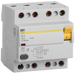 Выключатель дифференциального тока IEK ВД1-63 4П 32А 100мА MDV10-4-032-100, тип AC - фото 67109