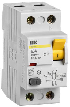 Выключатель дифференциального тока IEK ВД1-63 2П 63А 30мА MDV10-2-063-030, тип AC - фото 67130