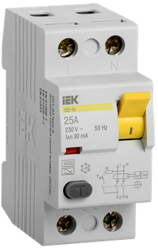 Выключатель дифференциального тока IEK ВД1-63 2П 25А 30мА MDV11-2-025-030, тип A - фото 67132