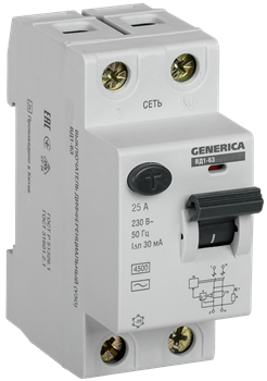 Выключатель дифференциального тока IEK ВД1-63 GENERICA 2П 25А 30мА MDV15-2-025-030, тип AC - фото 67133