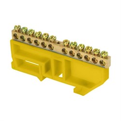 Шина EKF нулевая N 6х9, 12 отверстий sn0-63-12-dz-r, латунь, желтый изолятор, на DIN-рейку, розничный стикер - фото 67692