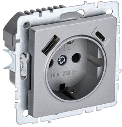 IEK Brite Base алюминий розетка с заземлением и шторками, 16А с USB A+C 18Вт BR-R14-16-U22-018-K47 - фото 73355