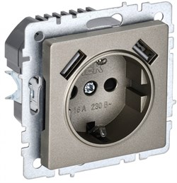 IEK Brite Base шампань розетка с заземлением и шторками, 16А с USB A+A 3,1А BR-R14-16-U21-D31-K37 - фото 73711