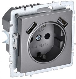 IEK Brite Base сталь розетка с заземлением и шторками, 16А с USB A+A 3,1А BR-R14-16-U21-D31-K46 - фото 73724