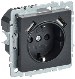IEK Brite Base чёрный розетка с заземлением и шторками, 16А с USB A+A 3,1А BR-R14-16-U21-D31-K02 - фото 73763