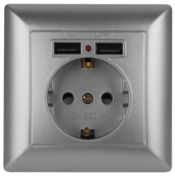 Intro Розетка Solo 4-410-03 с заземлением P+E Schuko со шторками, 16А-250В + 2хUSB, IP20, СУ, алюминий Б0053715 - фото 76267