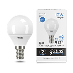 Gauss Лампа Elementary Шар 12W 950lm 6500K Е14 LED 53132 - фото 89588