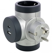 Legrand Revolution Комфорт Алюминиево-черный Тройник 2x2К+З с 2xUSB A+C (3А), фиксируемый поворотный блок 694524